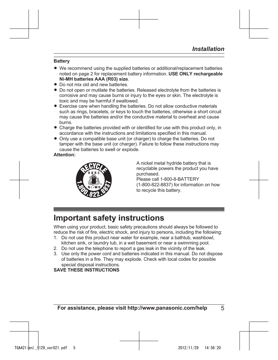 Important safety instructions | Panasonic KX-TGA421N User Manual | Page 5 / 16