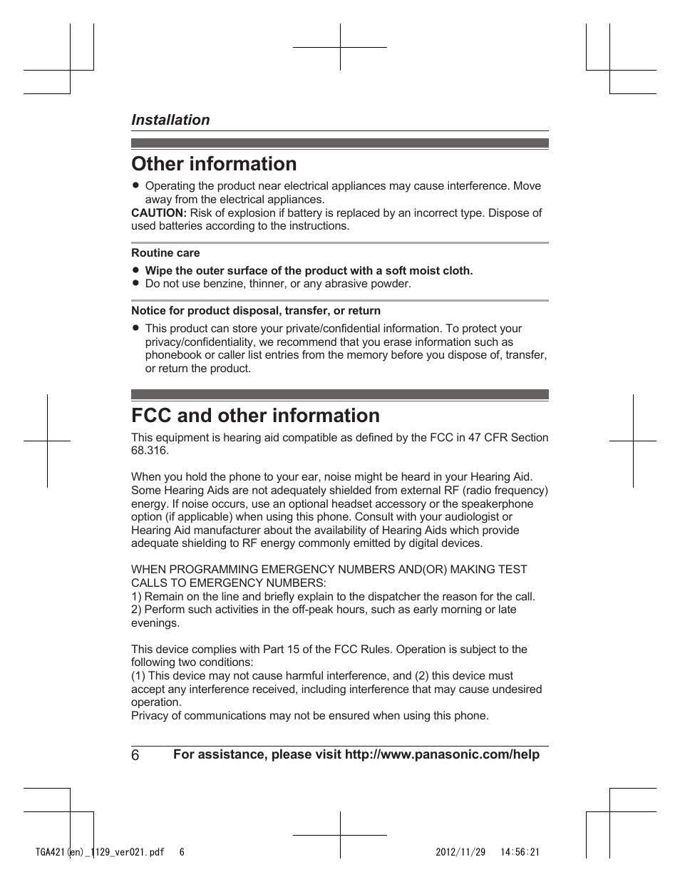 Other information, Fcc and other information | Panasonic KX-TGA421N User Manual | Page 6 / 16