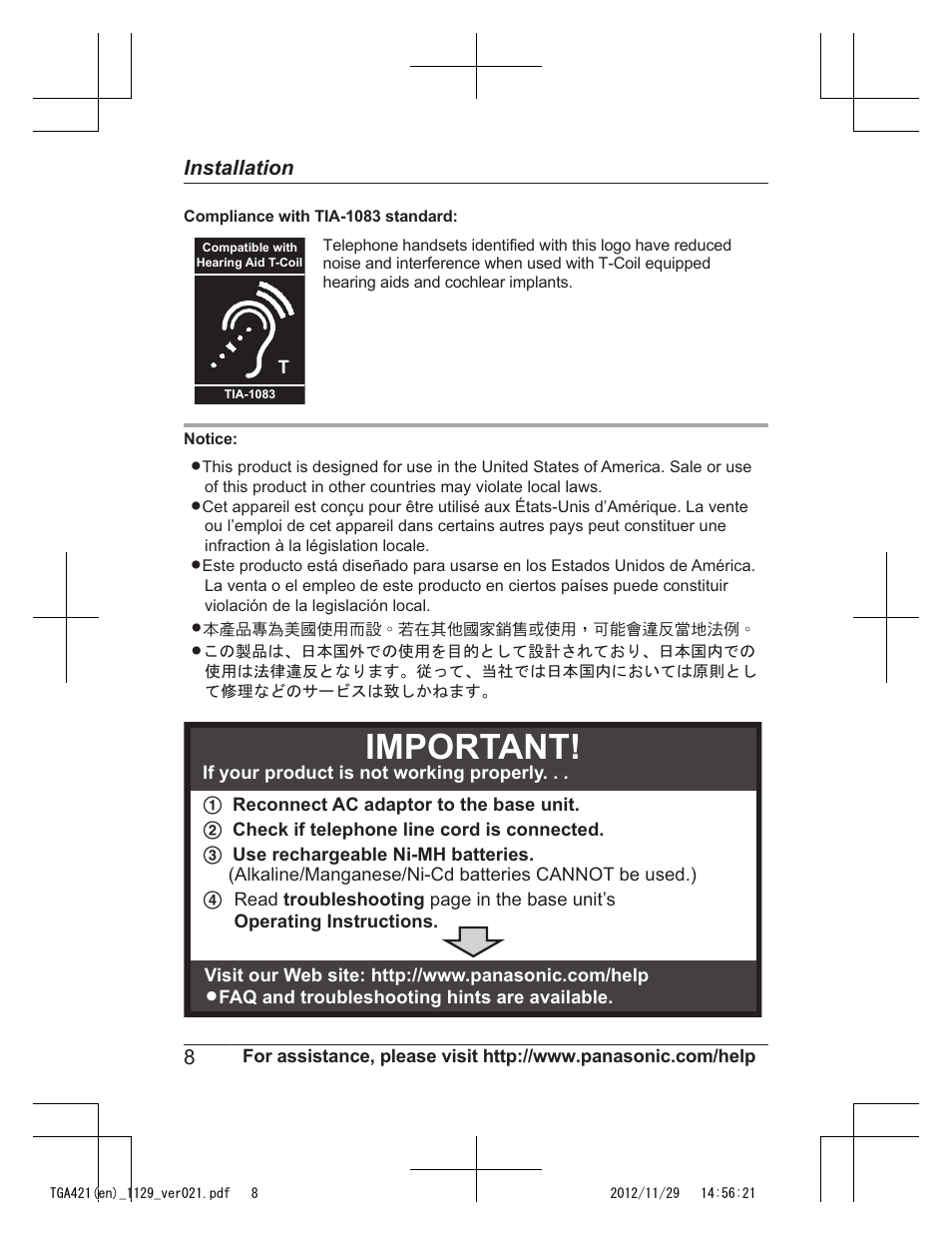 Important | Panasonic KX-TGA421N User Manual | Page 8 / 16
