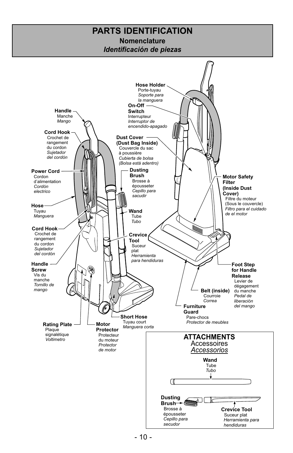 Parts identification, Nomenclature, Identificación de piezas | Panasonic MC-UG223 User Manual | Page 10 / 48