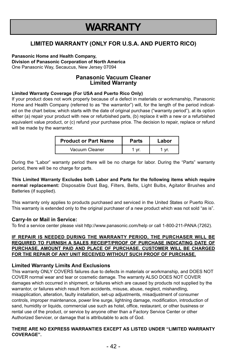 Warranty | Panasonic MC-UG223 User Manual | Page 42 / 48