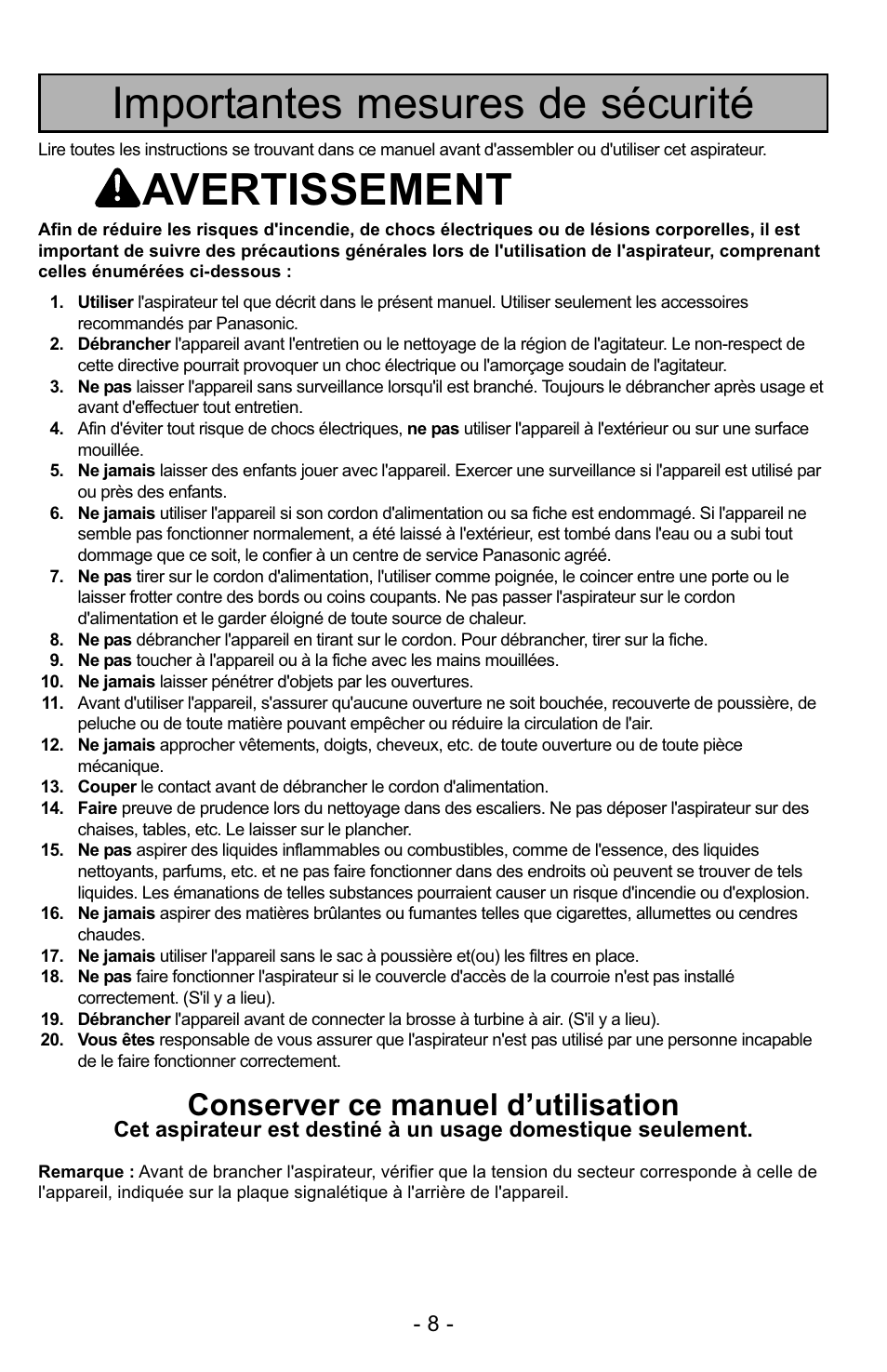 Importantes mesuresde sécurité, Importantes mesures de sécurité, Avertissement | Conserver ce manuel d’utilisation | Panasonic MC-UG223 User Manual | Page 8 / 48