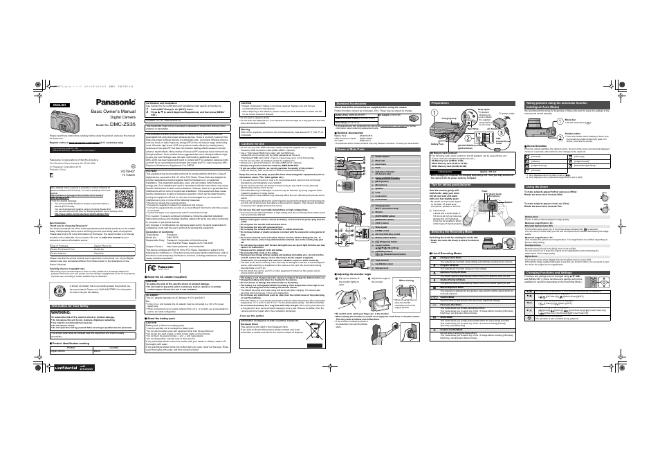 Cautions for use, Standard accessories, Names of main parts | Dmc-zs35 | Panasonic DMC-ZS35W User Manual | Page 2 / 6