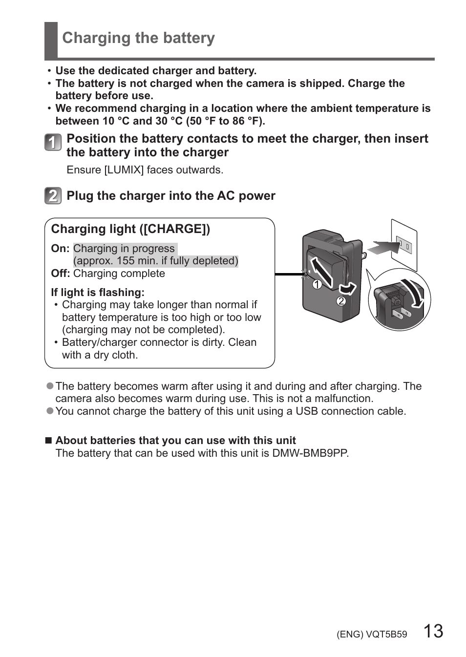 Charging the battery | Panasonic DMC-FZ70K User Manual | Page 13 / 34