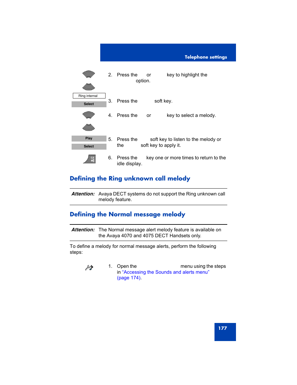 Defining the ring unknown call melody, Defining the normal message melody | Avaya 4075 User Manual | Page 177 / 252