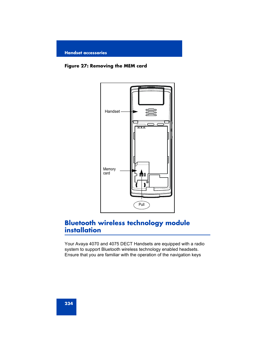 Bluetooth wireless technology module installation, Bluetooth, Figure 27 | Avaya 4075 User Manual | Page 234 / 252