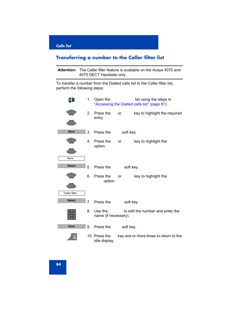 Transferring a number to the caller filter list | Avaya 4075 User Manual | Page 84 / 252
