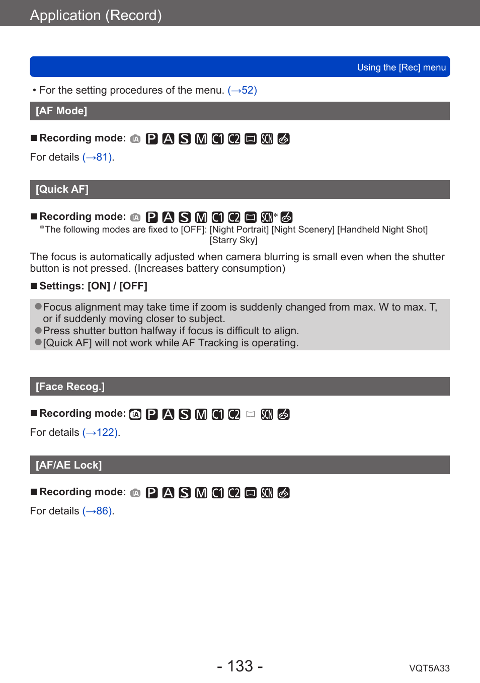 Af mode, Quick af, Face recog | Af/ae lock, Application (record) | Panasonic DMC-LF1W User Manual | Page 133 / 285