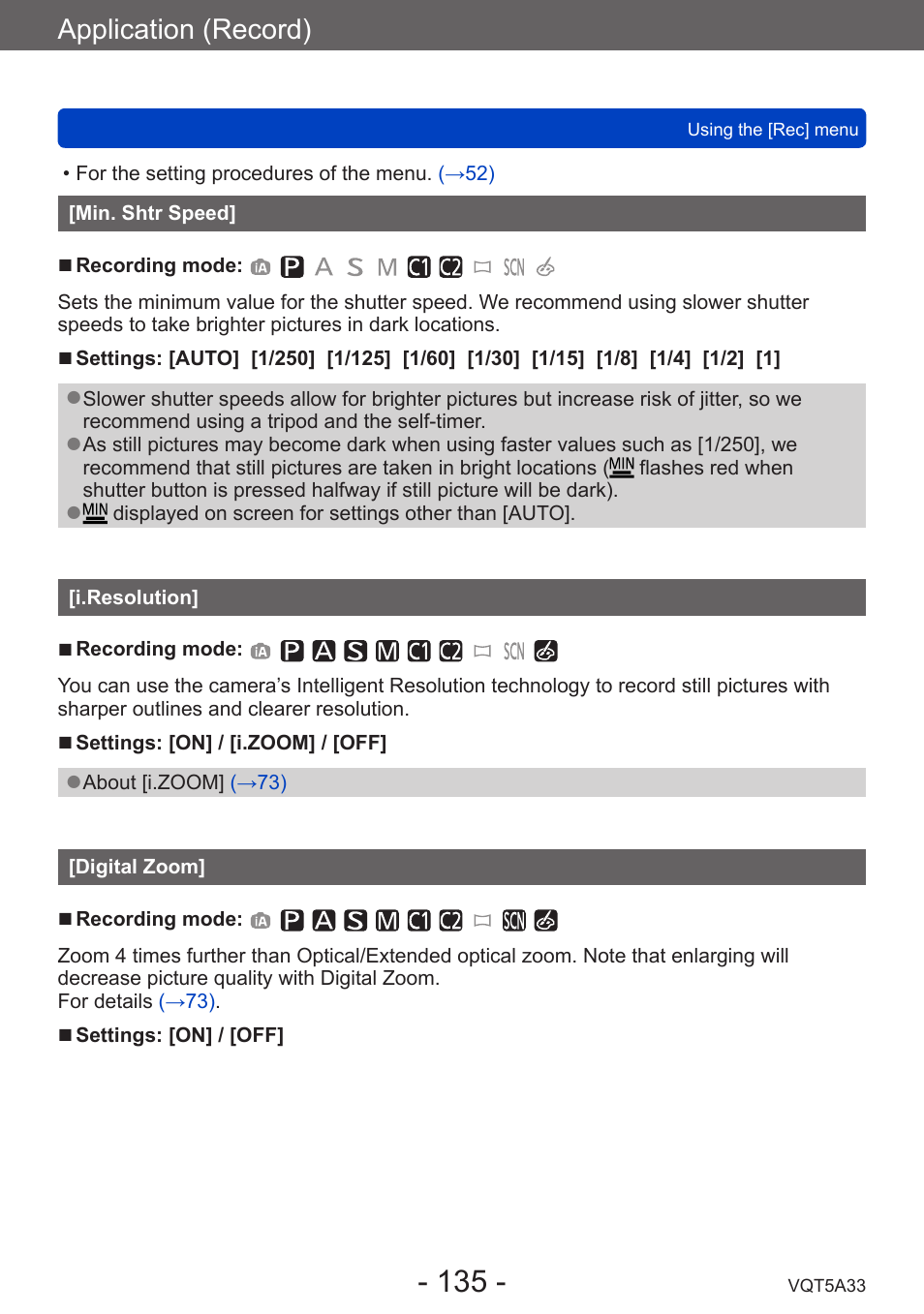 Min. shtr speed, I.resolution, Digital zoom | Application (record) | Panasonic DMC-LF1W User Manual | Page 135 / 285
