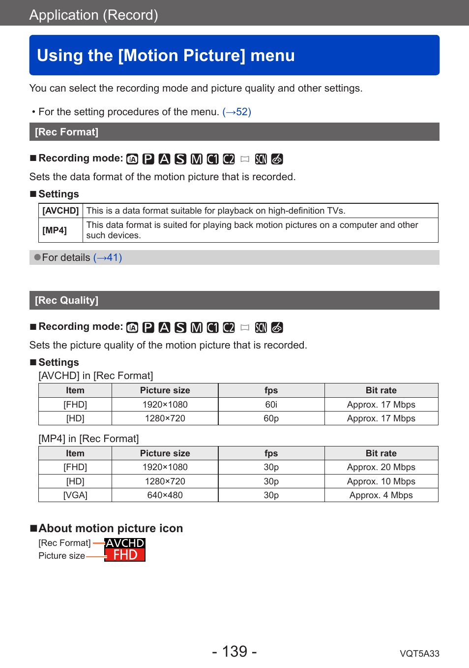 Using the [motion picture] menu, Rec format, Rec quality | Application (record) | Panasonic DMC-LF1W User Manual | Page 139 / 285