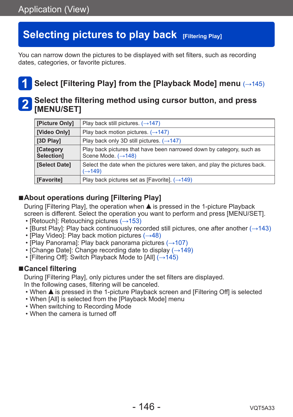 Selecting pictures to play back [filtering play, Selecting pictures to play back, Filtering play | Application (view) | Panasonic DMC-LF1W User Manual | Page 146 / 285
