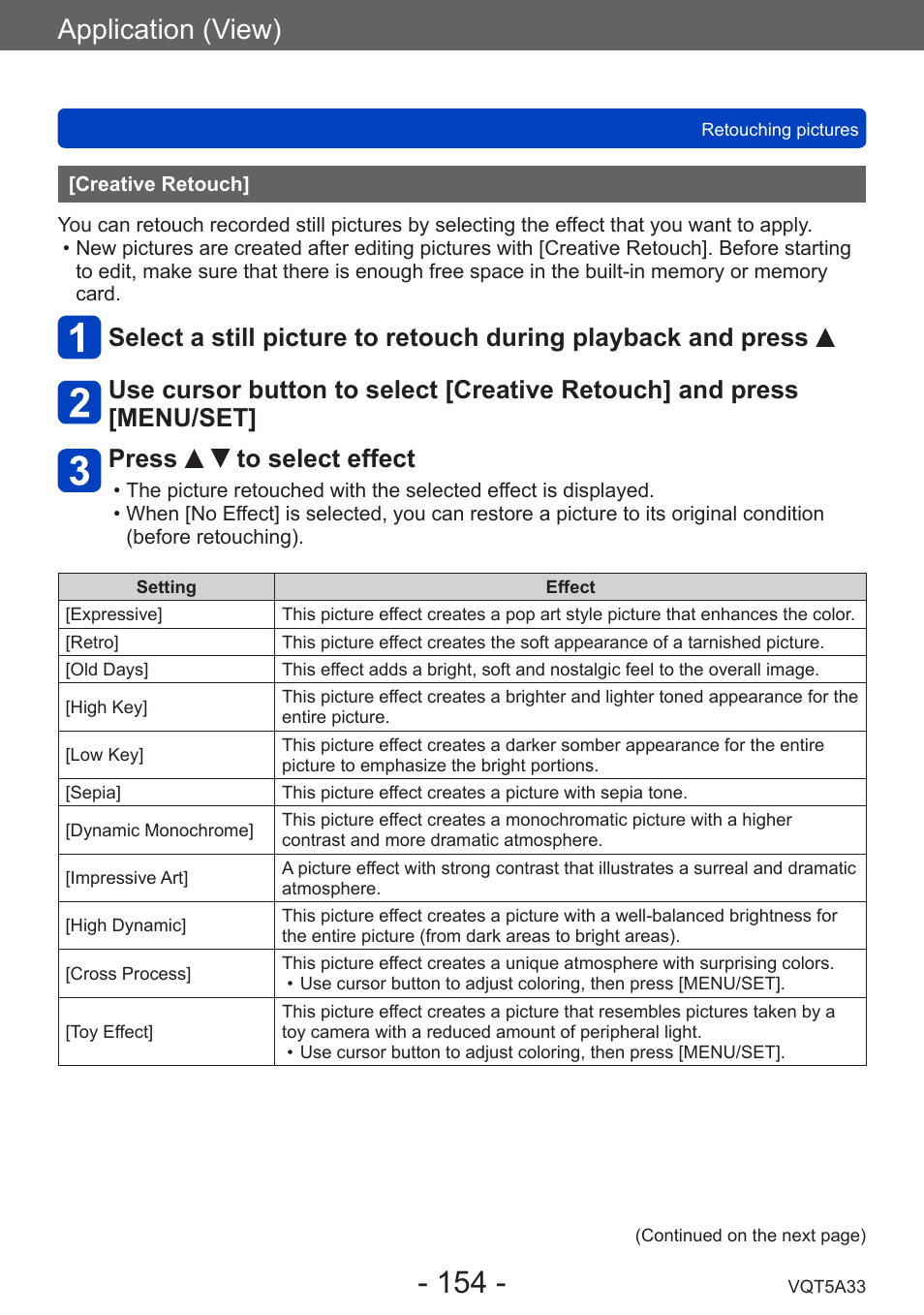 Creative retouch, Application (view) | Panasonic DMC-LF1W User Manual | Page 154 / 285