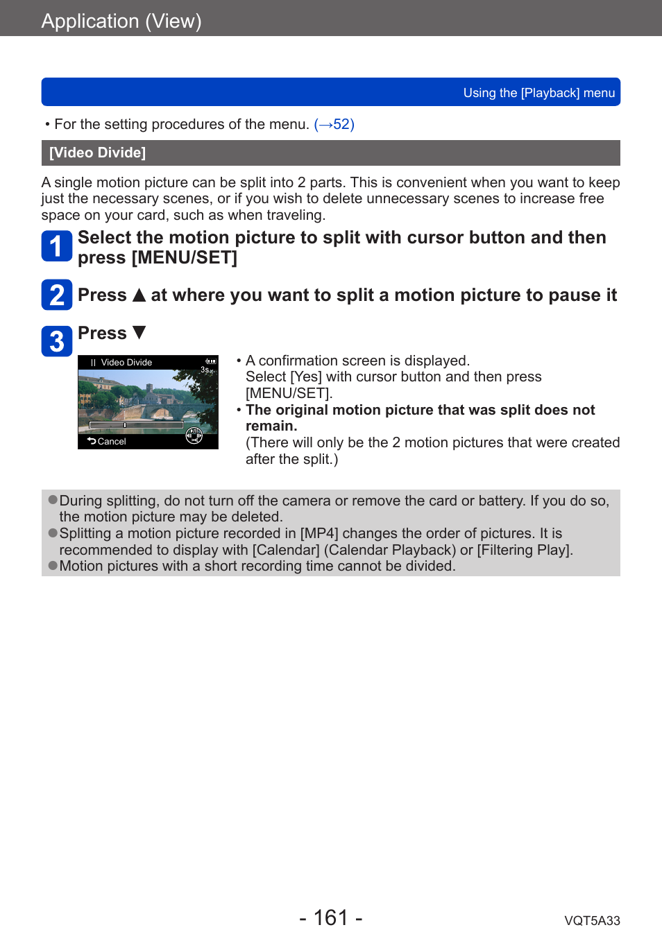 Video divide, Application (view) | Panasonic DMC-LF1W User Manual | Page 161 / 285