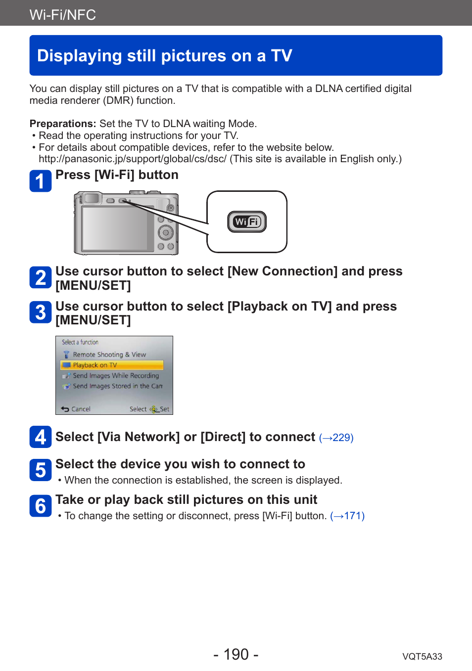 Displaying still pictures on a tv, Wi-fi/nfc | Panasonic DMC-LF1W User Manual | Page 190 / 285