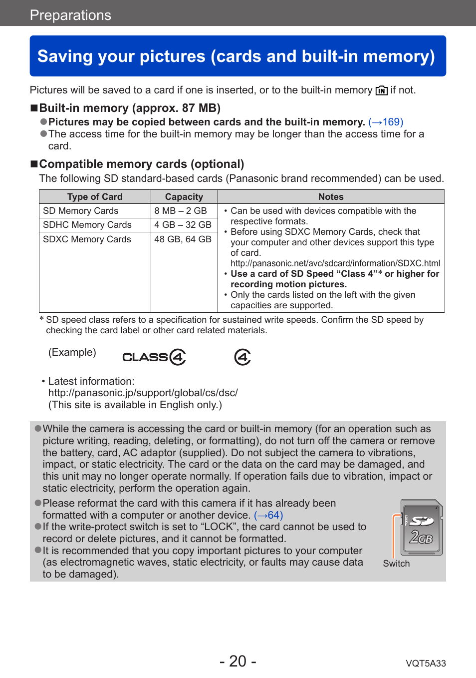 Saving your pictures (cards and built-in memory), Saving your pictures, Cards and built-in memory) | Preparations | Panasonic DMC-LF1W User Manual | Page 20 / 285