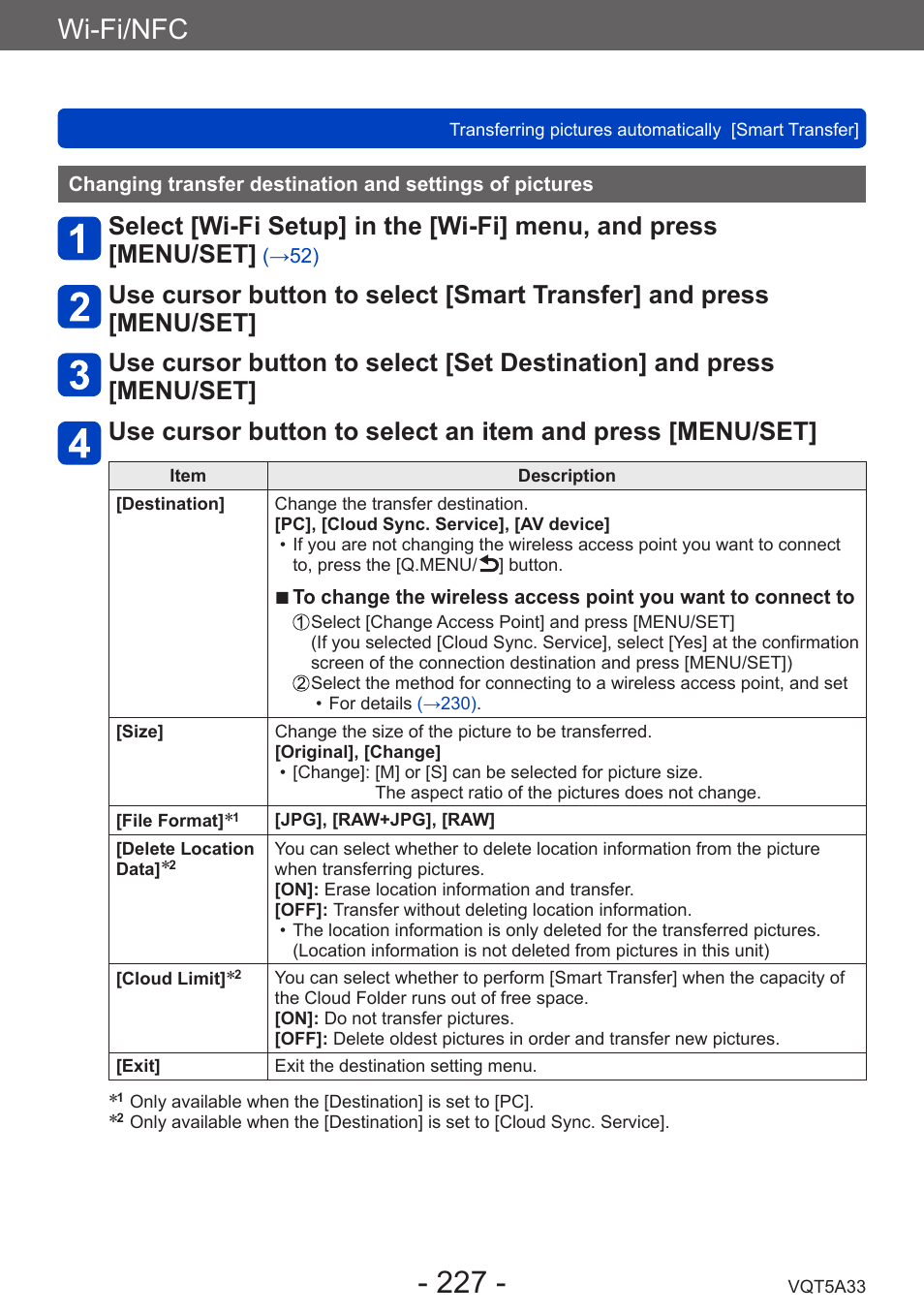 Changing transfer destination and, Settings of pictures, Wi-fi/nfc | Panasonic DMC-LF1W User Manual | Page 227 / 285