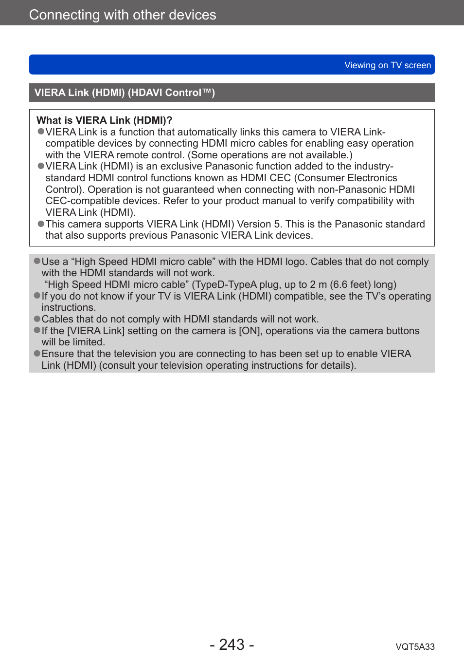 Viera link (hdmi) (hdavi control™) | Panasonic DMC-LF1W User Manual | Page 243 / 285