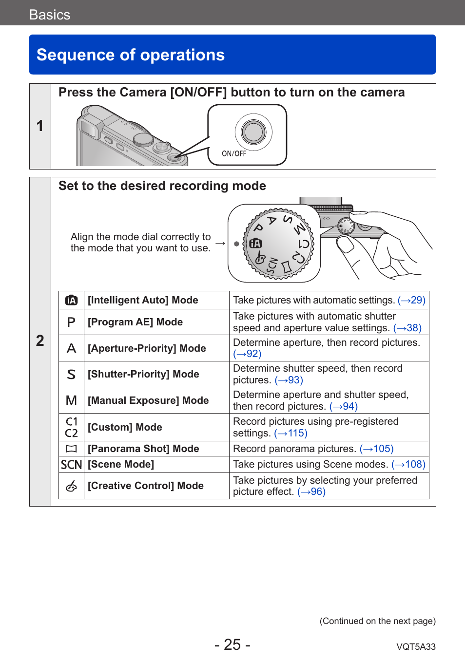 Basics, Sequence of operations, Set to the desired recording mode | Panasonic DMC-LF1W User Manual | Page 25 / 285