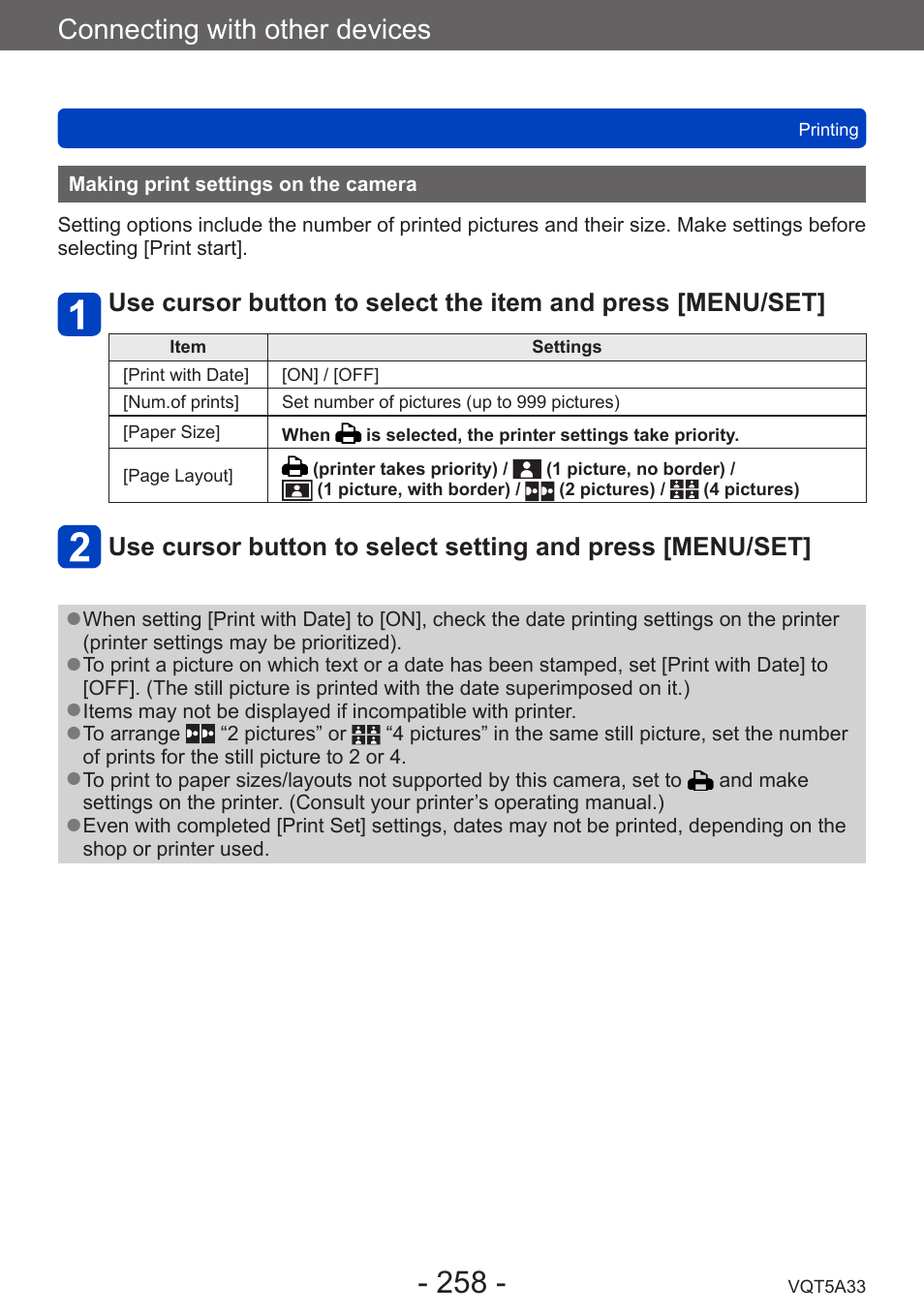 Making print settings on the camera, Connecting with other devices | Panasonic DMC-LF1W User Manual | Page 258 / 285