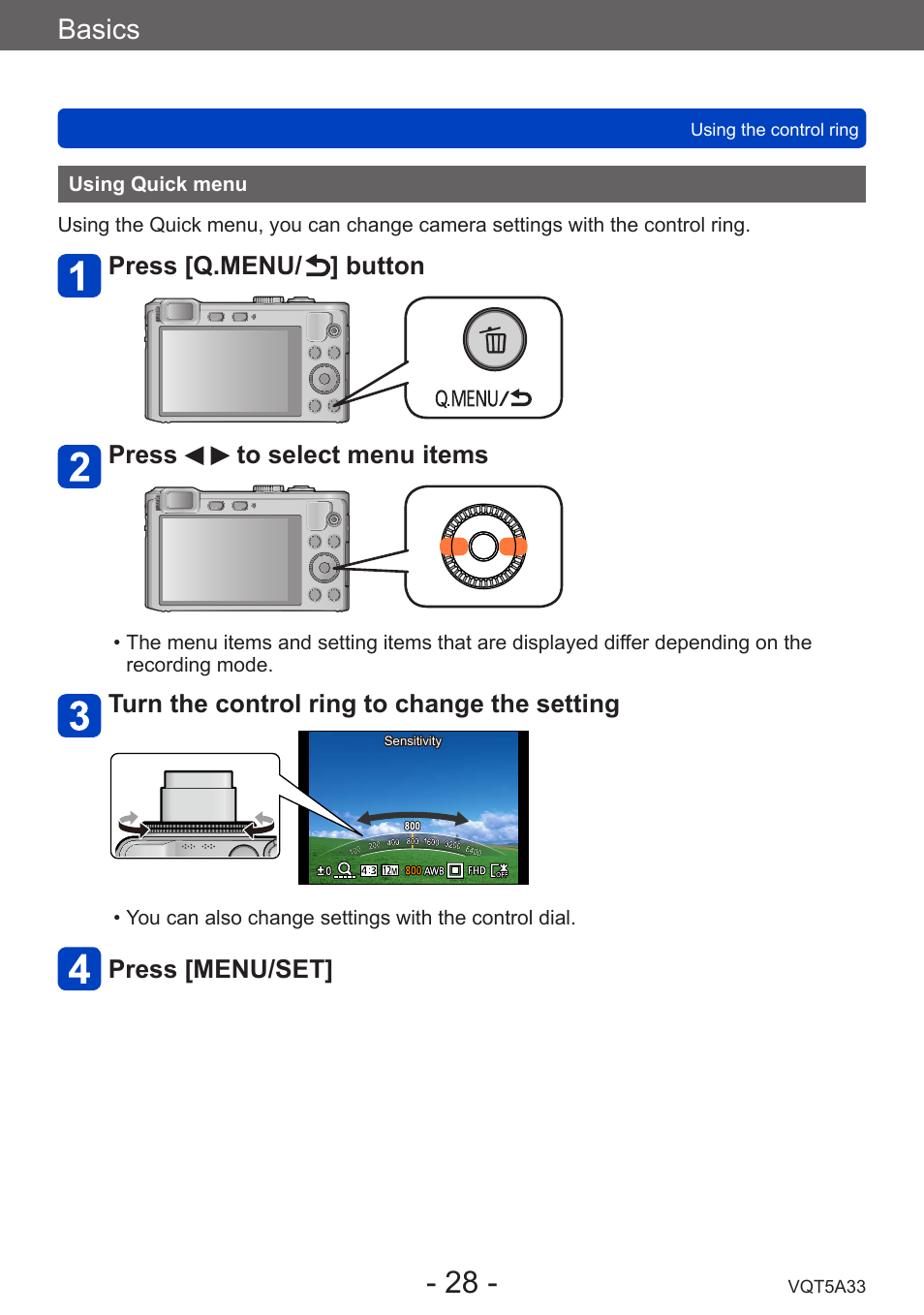 Using quick menu, Basics | Panasonic DMC-LF1W User Manual | Page 28 / 285