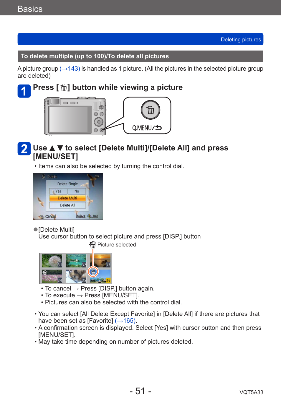 To delete multiple (up to 100), To delete all pictures, Basics | Panasonic DMC-LF1W User Manual | Page 51 / 285