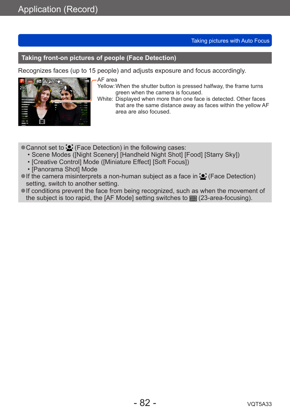 Taking front-on pictures of people, Face detection), Application (record) | Panasonic DMC-LF1W User Manual | Page 82 / 285
