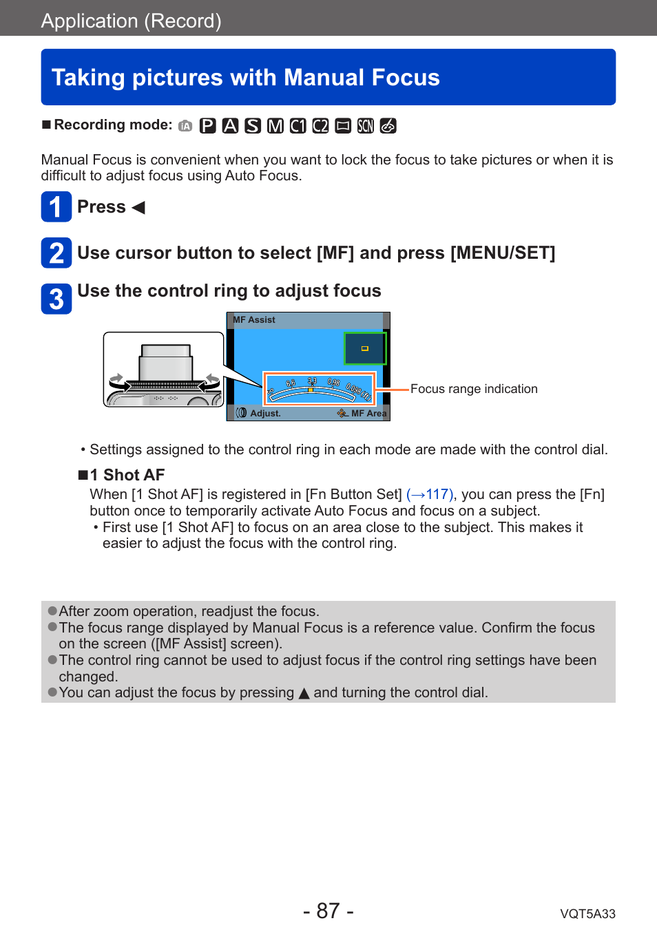 Taking pictures with manual focus, Application (record) | Panasonic DMC-LF1W User Manual | Page 87 / 285