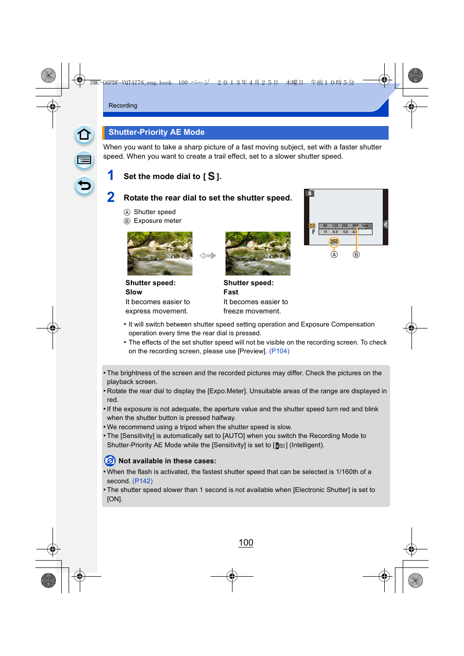 Shutter-priority ae mode, P100) | Panasonic DMC-G6KK User Manual | Page 100 / 356