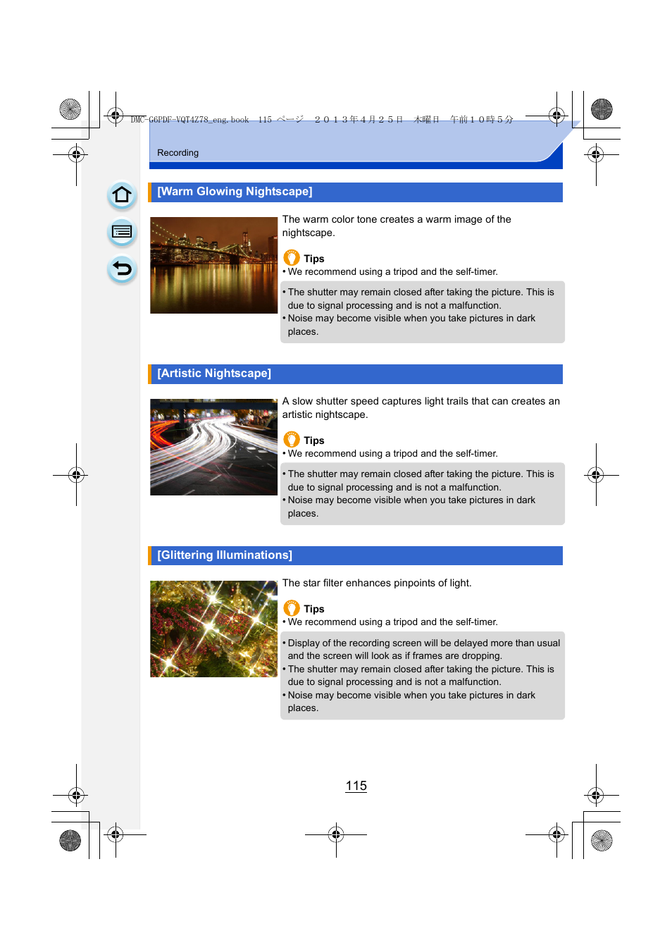 Warm glowing nightscape, Artistic nightscape, Glittering illuminations | Panasonic DMC-G6KK User Manual | Page 115 / 356