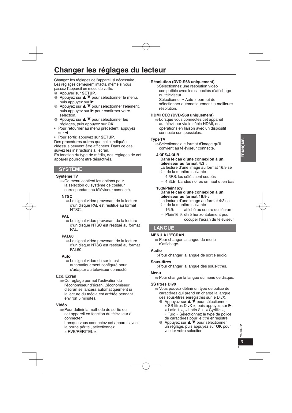 Changer les réglages du lecteur, Système, Langue | Panasonic DVDS68EG User Manual | Page 21 / 80