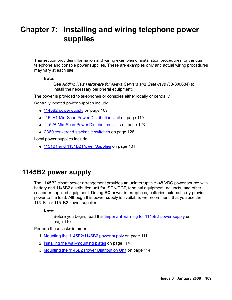 1145b2 power supply, Installing and wiring telephone, Power supplies | Installing, And wiring telephone power supplies | Avaya 03-300686 User Manual | Page 109 / 156