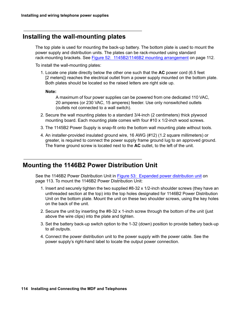 Installing the wall-mounting plates, Mounting the 1146b2 power distribution unit | Avaya 03-300686 User Manual | Page 114 / 156