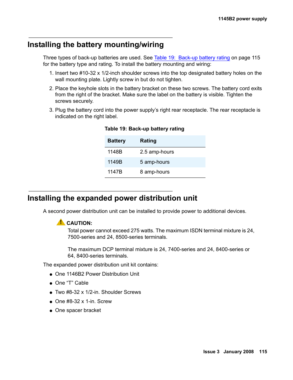 Installing the battery mounting/wiring, Installing the expanded power distribution unit | Avaya 03-300686 User Manual | Page 115 / 156