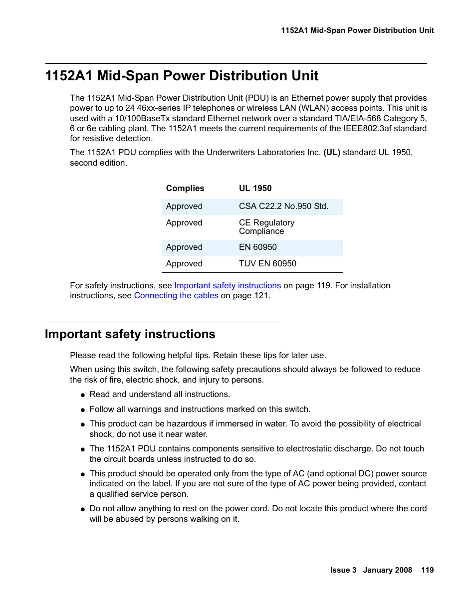 1152a1 mid-span power distribution unit, Important safety instructions | Avaya 03-300686 User Manual | Page 119 / 156