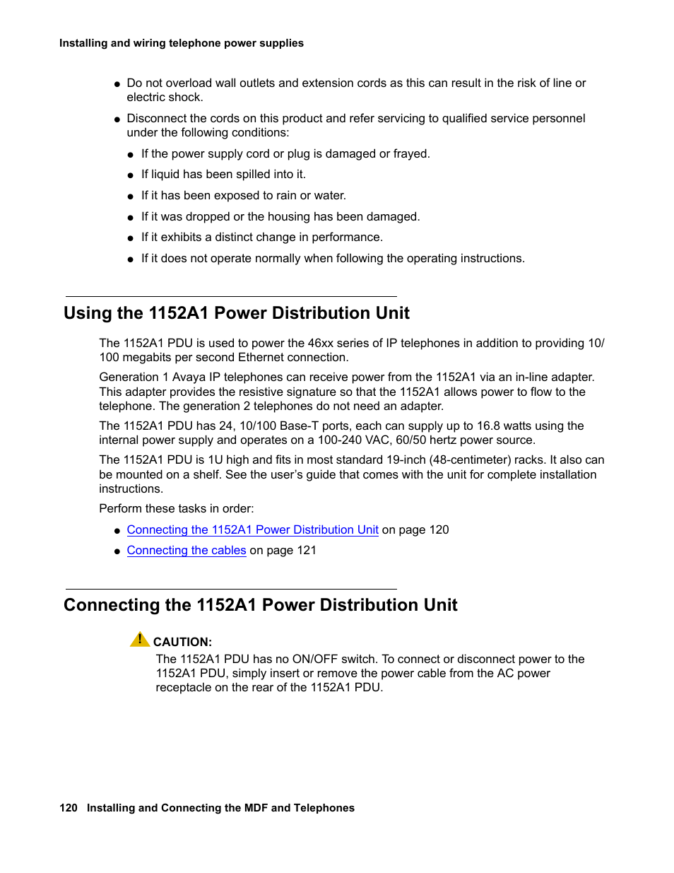 Using the 1152a1 power distribution unit, Connecting the 1152a1 power distribution unit | Avaya 03-300686 User Manual | Page 120 / 156