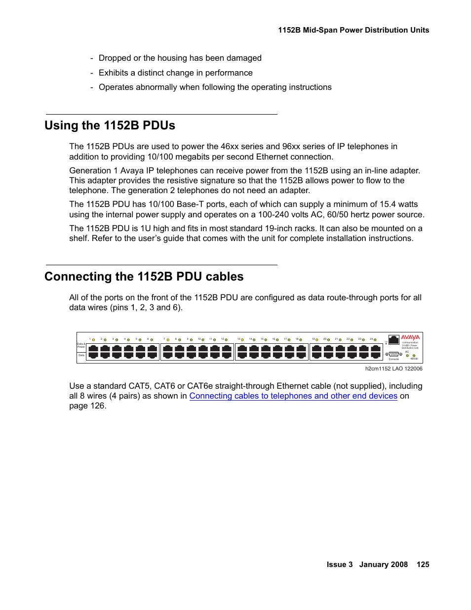 Using the 1152b pdus, Connecting the 1152b pdu cables | Avaya 03-300686 User Manual | Page 125 / 156
