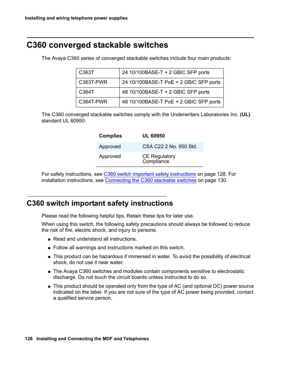C360 converged stackable switches, C360 switch important safety instructions | Avaya 03-300686 User Manual | Page 128 / 156