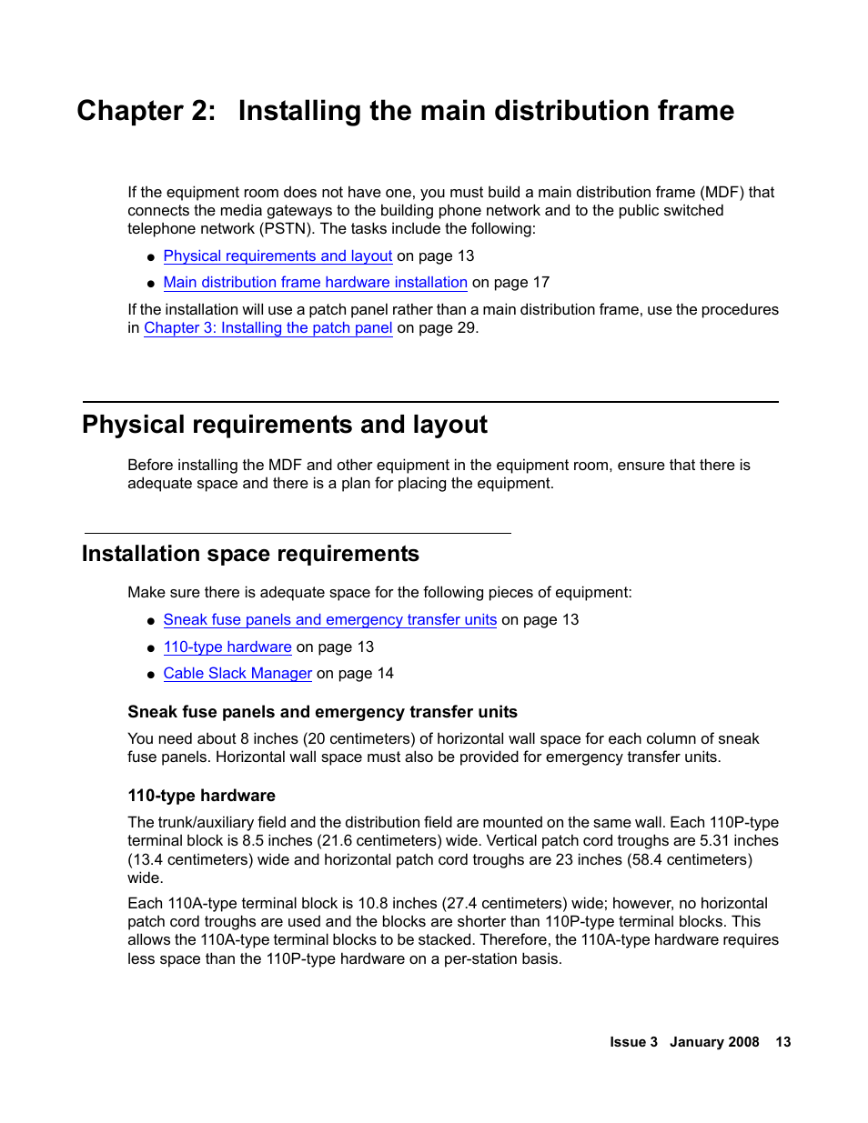 Chapter 2: installing the main distribution frame, Physical requirements and layout, Installation space requirements | Installing the main distribution frame | Avaya 03-300686 User Manual | Page 13 / 156