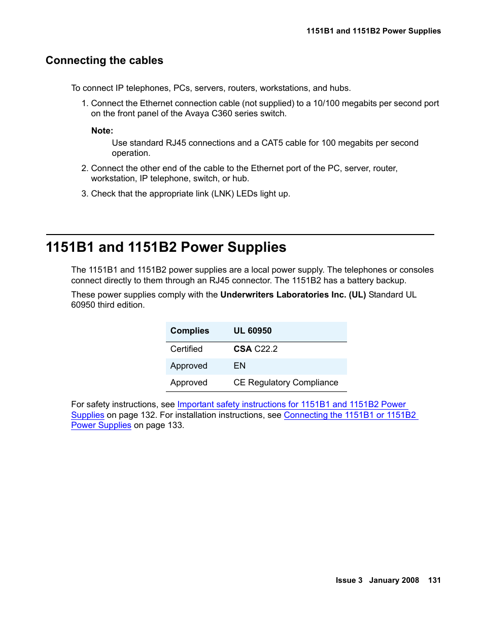 Connecting the cables, 1151b1 and 1151b2 power supplies | Avaya 03-300686 User Manual | Page 131 / 156