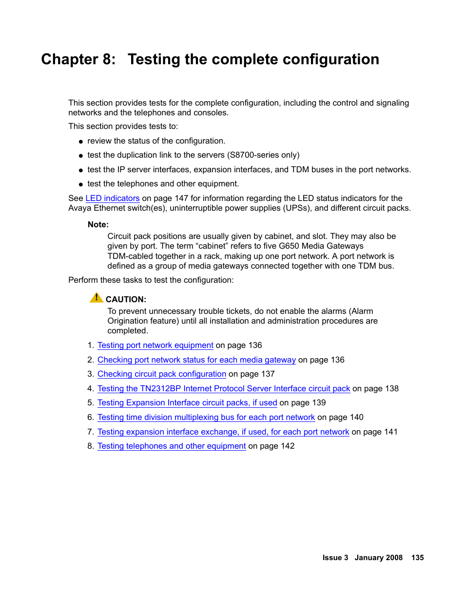 Chapter 8: testing the complete configuration, Testing the complete configuration | Avaya 03-300686 User Manual | Page 135 / 156