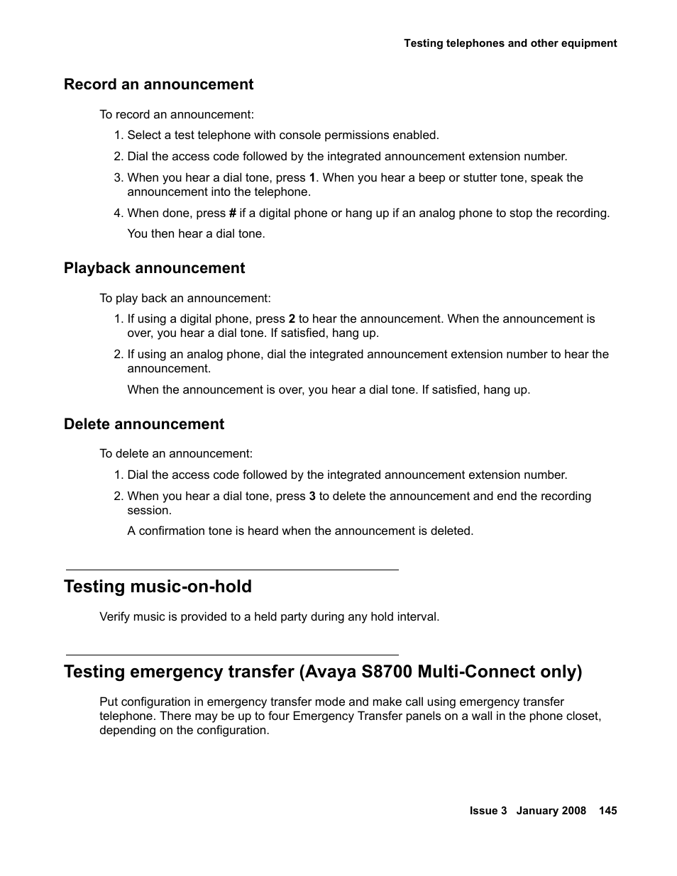 Record an announcement, Playback announcement, Delete announcement | Testing music-on-hold | Avaya 03-300686 User Manual | Page 145 / 156