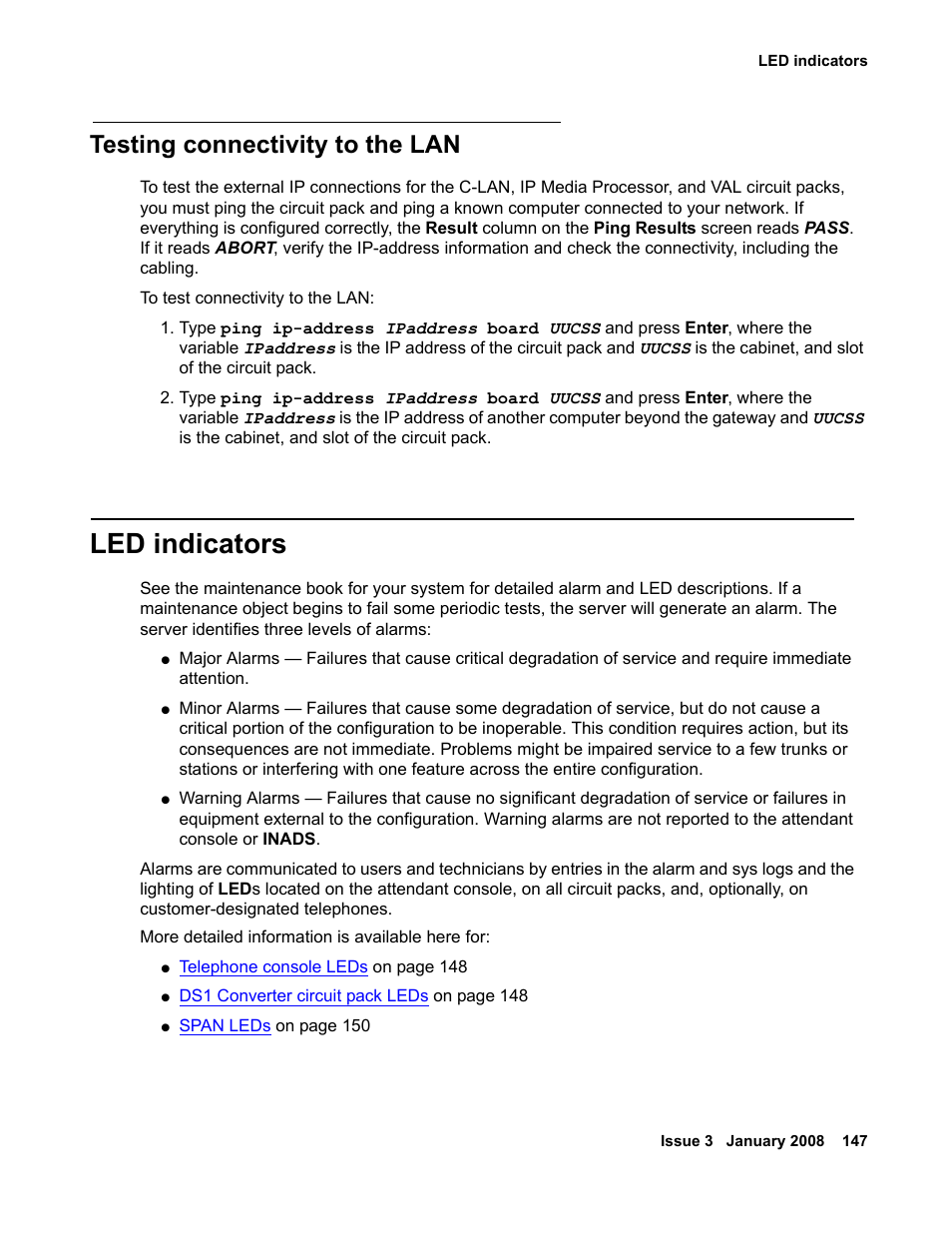 Testing connectivity to the lan, Led indicators | Avaya 03-300686 User Manual | Page 147 / 156