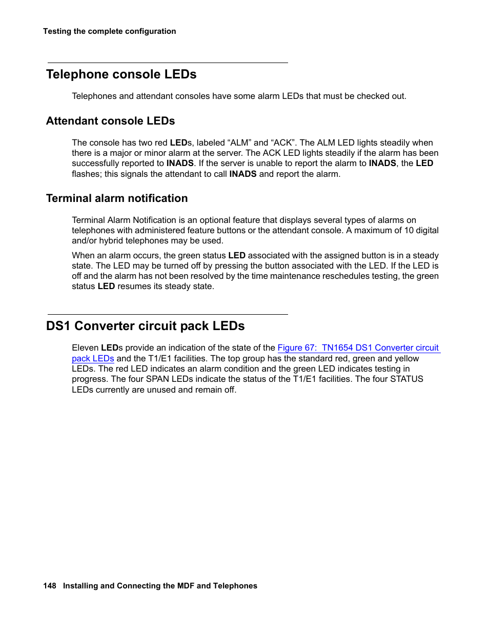 Telephone console leds, Attendant console leds, Terminal alarm notification | Ds1 converter circuit pack leds, Attendant console leds terminal alarm notification | Avaya 03-300686 User Manual | Page 148 / 156