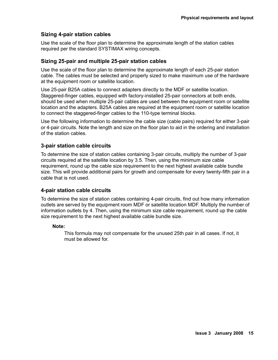 Sizing 4-pair station cables, Sizing 25-pair and multiple 25-pair station cables, Pair station cable circuits | Avaya 03-300686 User Manual | Page 15 / 156