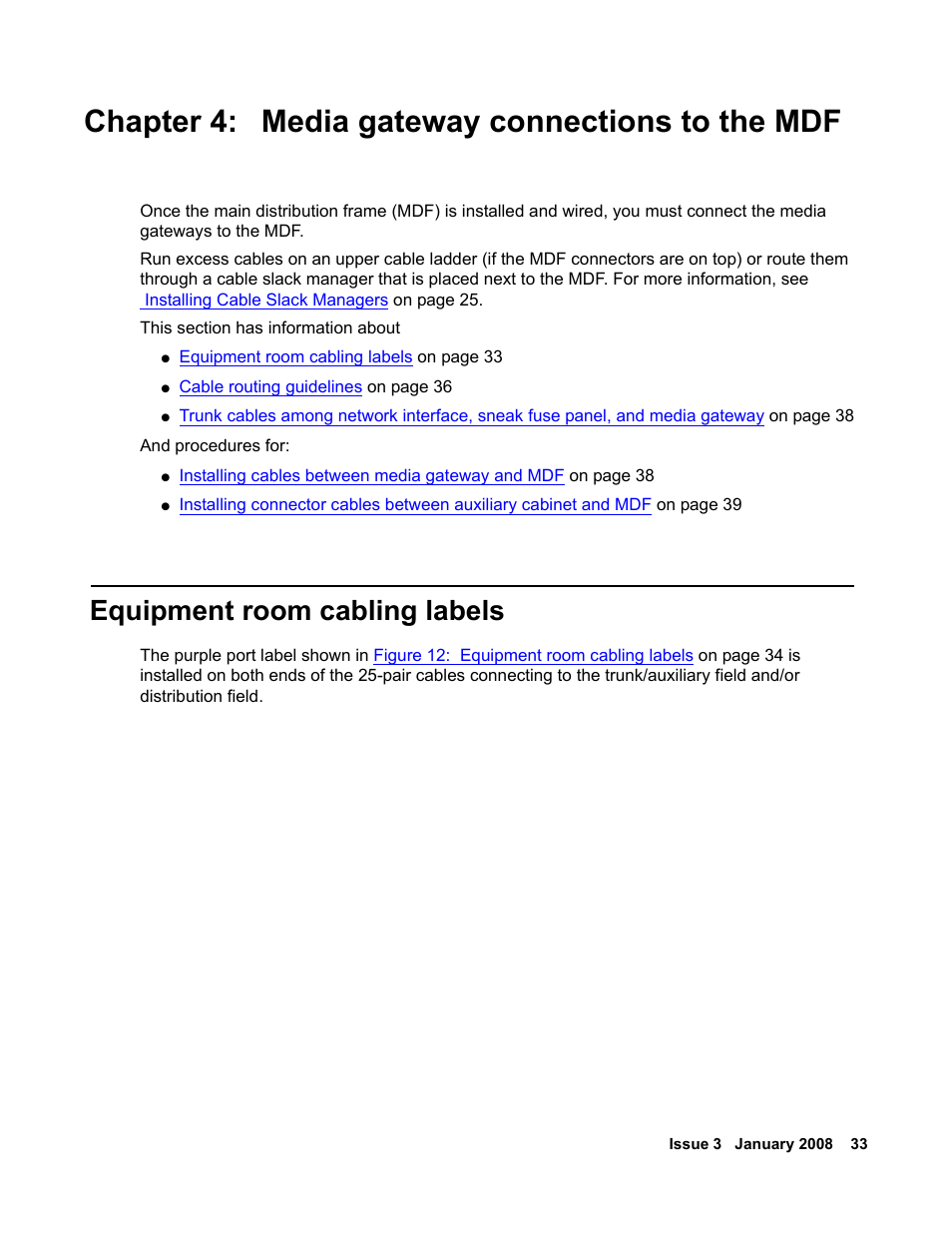 Chapter 4: media gateway connections to the mdf, Equipment room cabling labels, Media gateway connections to the mdf | Avaya 03-300686 User Manual | Page 33 / 156