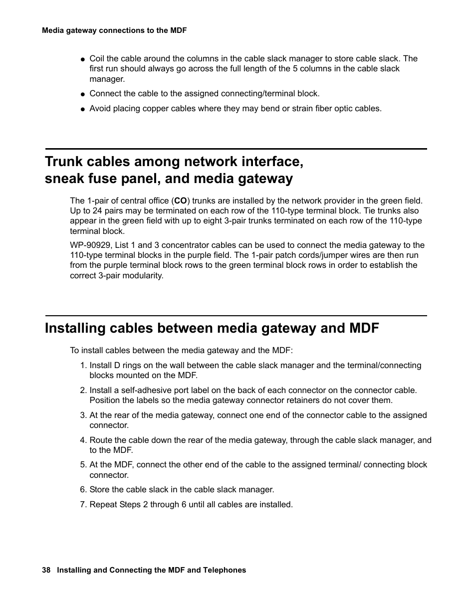 Installing cables between media gateway and mdf, Trunk cables among network interface, Sneak fuse panel, and media gateway | Avaya 03-300686 User Manual | Page 38 / 156