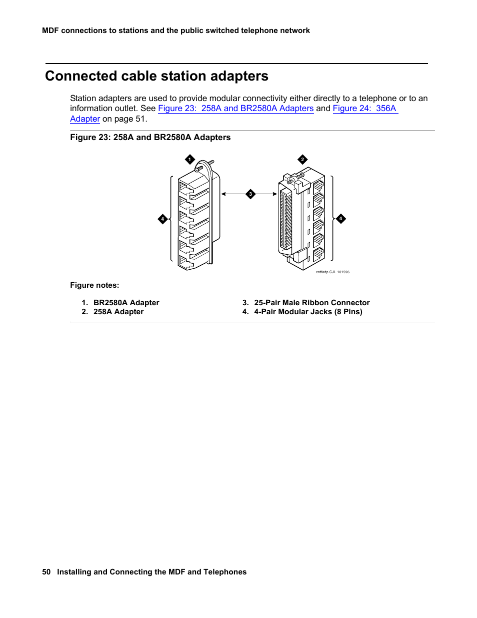 Connected cable station adapters, Figure 23: 258a and, Br2580a adapters | Avaya 03-300686 User Manual | Page 50 / 156