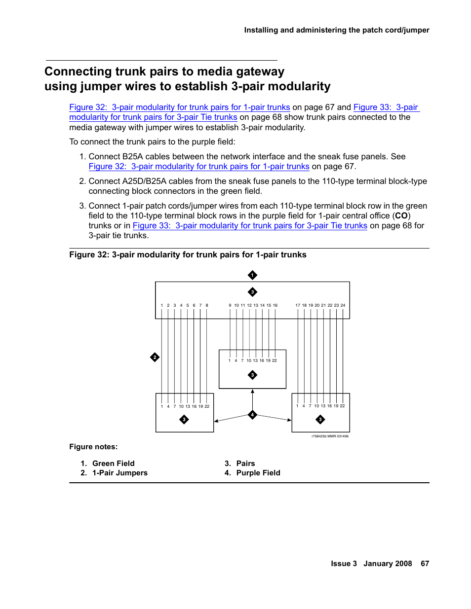Connecting trunk pairs to media gateway, Using jumper wires to establish 3-pair modularity | Avaya 03-300686 User Manual | Page 67 / 156