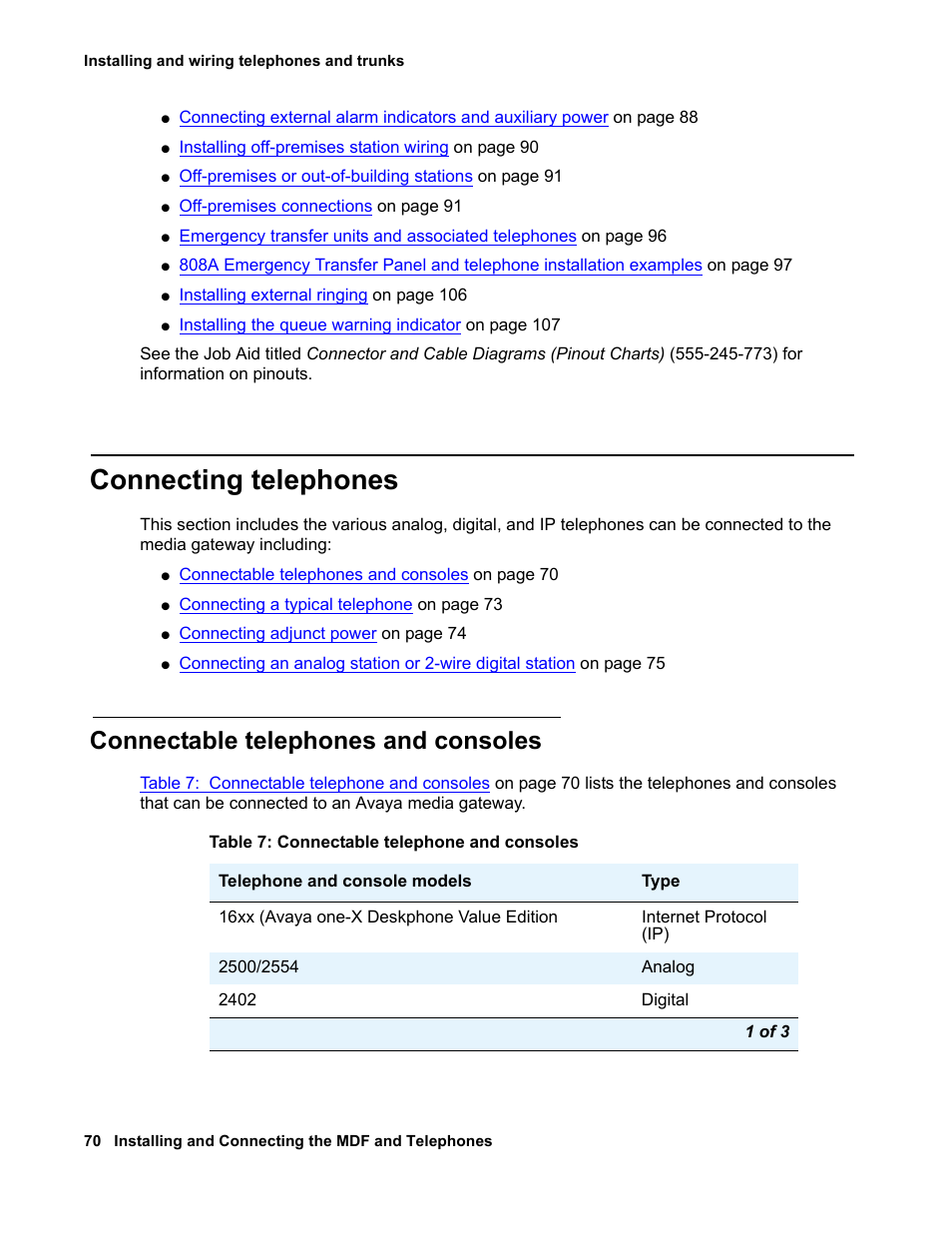 Connecting telephones, Connectable telephones and consoles, Table 7: connectable telephone | And consoles | Avaya 03-300686 User Manual | Page 70 / 156