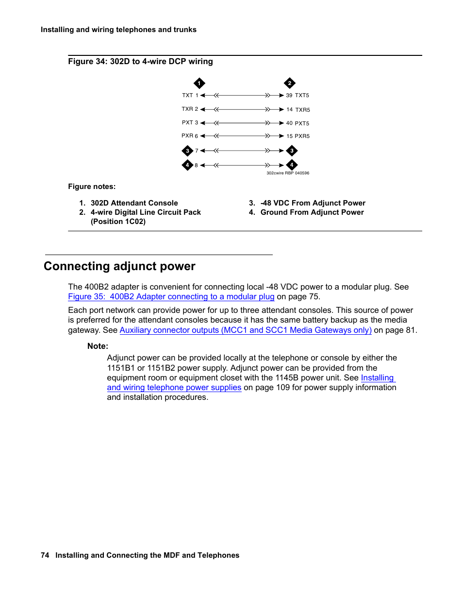 Connecting adjunct power, Figure 34: 302d to 4-wire dcp wiring | Avaya 03-300686 User Manual | Page 74 / 156